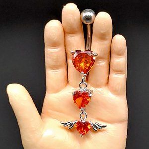 Triple Heart Red Gem Angel Wings Belly Ring